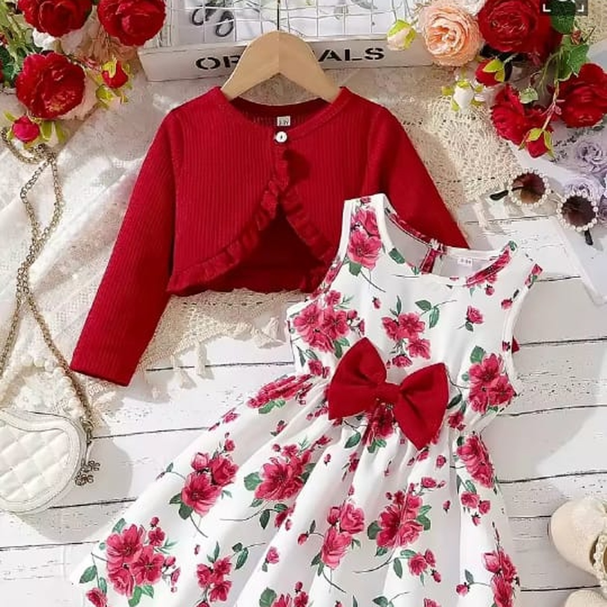 Girls Red Floral Dress with Cardigan
