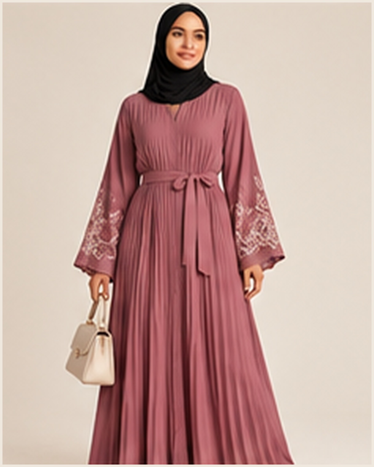 Pleated Lace-Sleeve Abaya