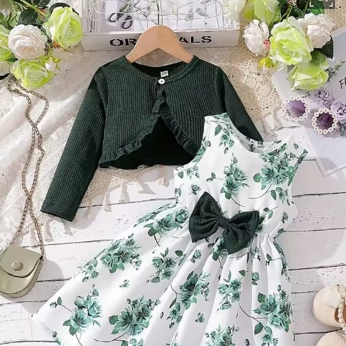 Girls Green Floral Dress with Cardigan