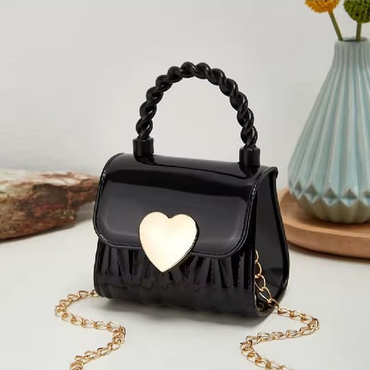 Girls Black Heart Mini Handbag