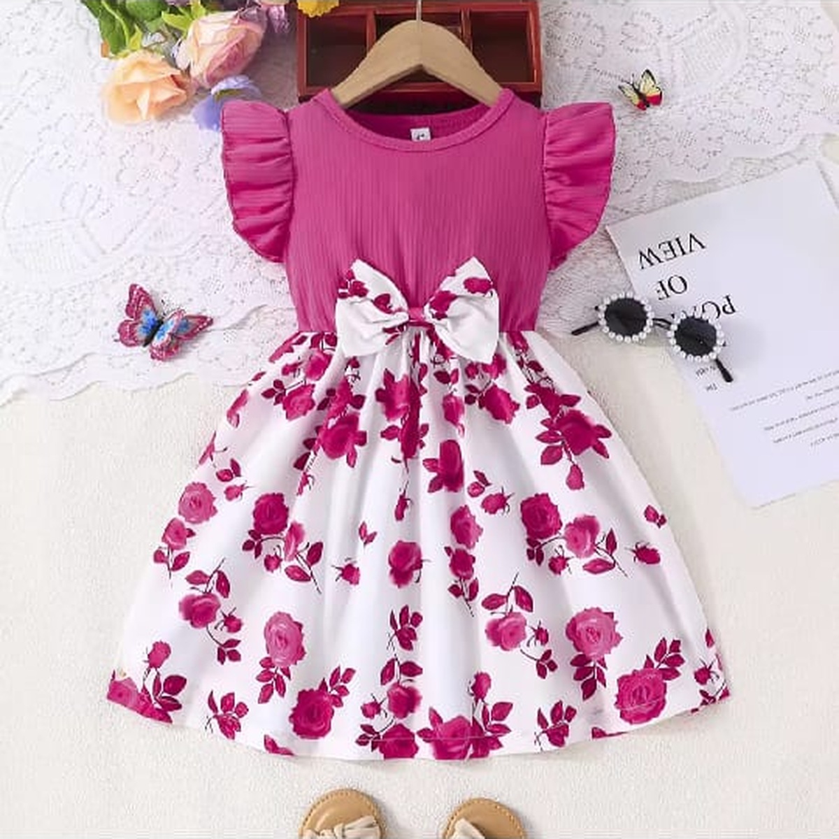 Girls Pink Rose Print Dress