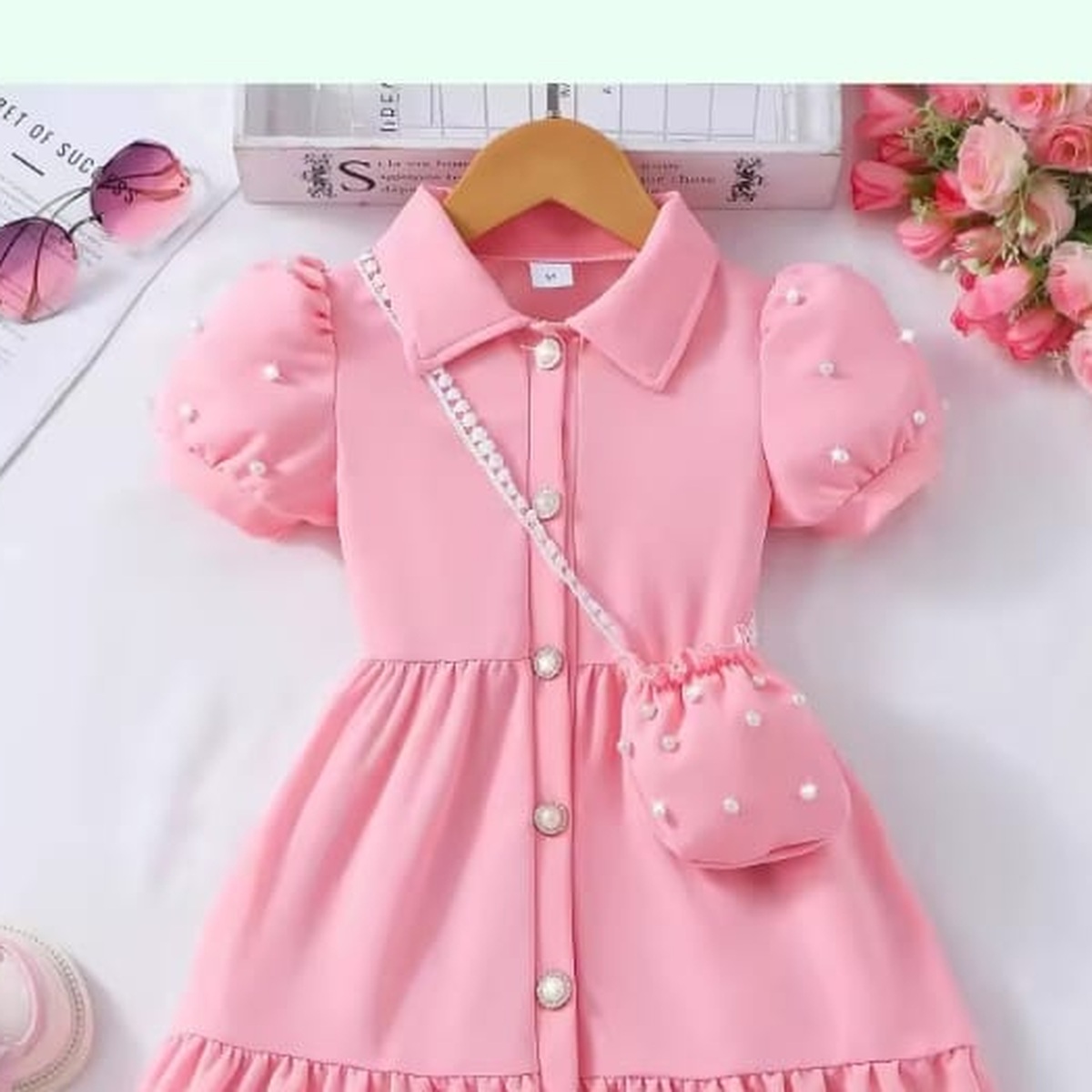 Girls Pink Puff Sleeve Dress with Bag