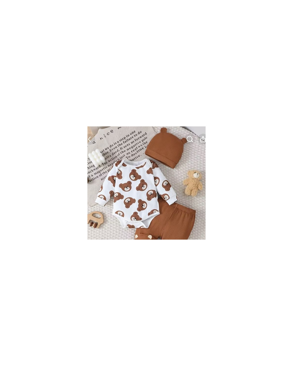 Baby Bear Print Romper, Pants and Hat Set