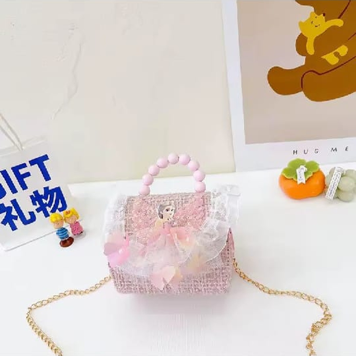 Girls Tweed Pearl-Handle Bag with Bow